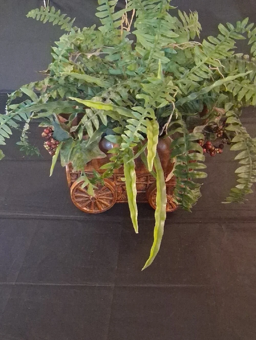 Faux Green Fern & Greenery in Ceramic Rustic Wagon Planter